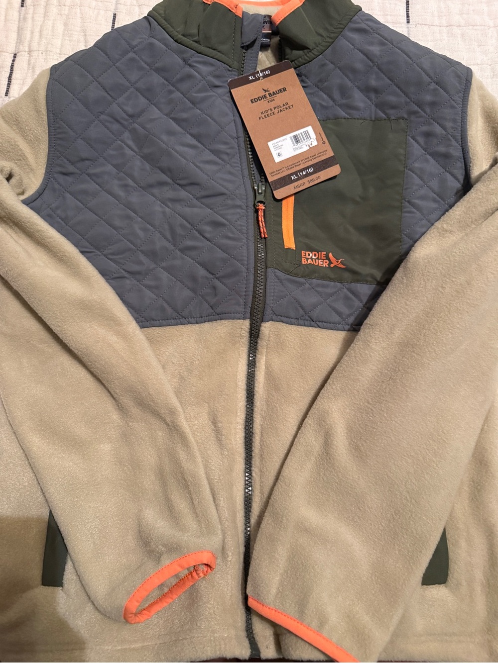 Eddie Bauer Olive & Gray Kids Fleece Jacket with Orange Accents